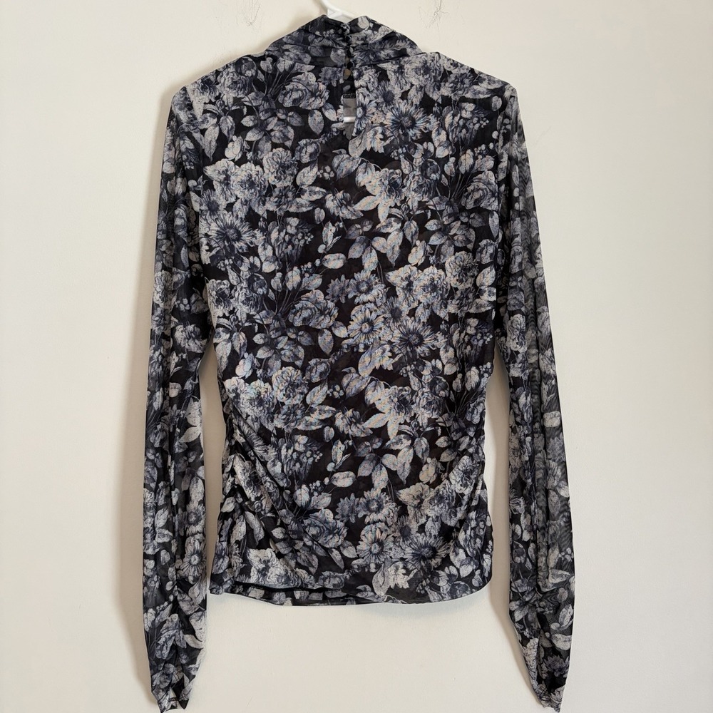 NWT Cinq a' Sept Photo Real Shirred Mesh Turtleneck in Slate Blouse Top Large - Picture 6 of 15